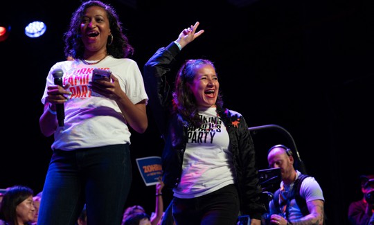 WFP co-executive directors Jasmine Gripper and Ana María Archila attend a rally in support of mayoral candidate Zohran Mamdani.