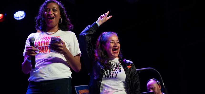 WFP co-executive directors Jasmine Gripper and Ana María Archila attend a rally in support of mayoral candidate Zohran Mamdani.