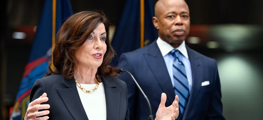Gov. Kathy Hochul, left, proposed a series of measures to increase the state’s oversight of embattled Mayor Eric Adams, right, but few of the proposals gained any traction.