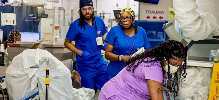 Hospital staff at Brookdale Hospital Medical Center in Brownsville, Brooklyn.