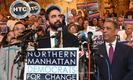 Mayoral candidate Zohran Mamdani, center, was endorsed by Rep. Adriano Espaillat, right, and City Council Member Shaun Abreu, left.
