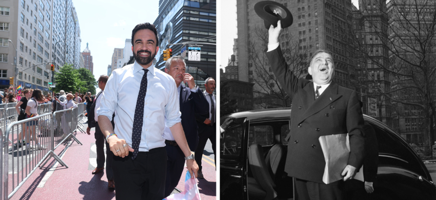 Democratic mayoral nominee Zohran Mamdani, left, and former Mayor Fiorello La Guardia, right.