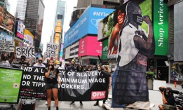 Activists rally in Times Square for an end to the subminimum wage for tipped workers on Aug. 31, 2020.