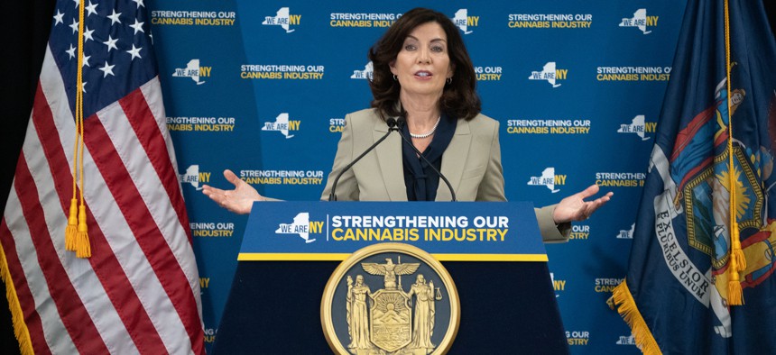 Gov. Kathy Hochul makes a cannabis-related announcement on June 22, 2023.