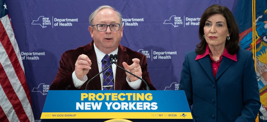 Gov. Kathy Hochul, right, and Health Commissioner James McDonald, left, have said that switching the home care program to a single fiscal intermediary will cut down on fraud.