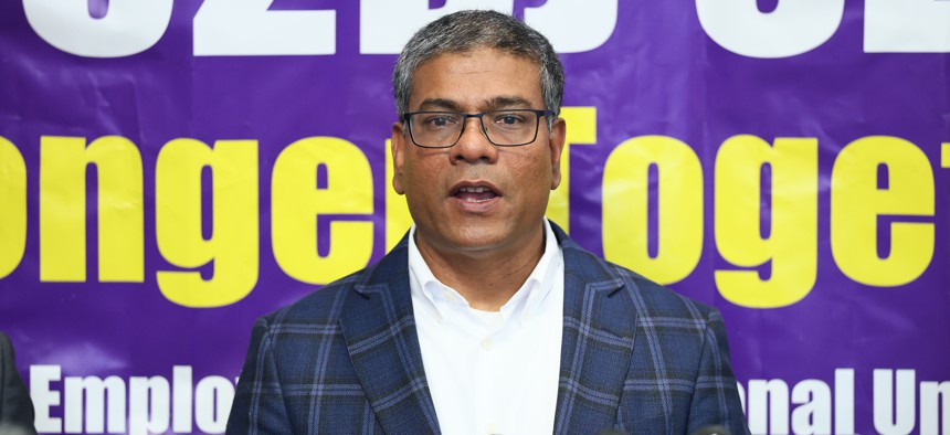 Retired NYPD Lieutenant Commander Shamsul Haque speaks during Zohran Mamdani’s press conference remembering the victims of the midtown Manhattan mass shooting. Credit: Michael M. Santiago/Getty Images