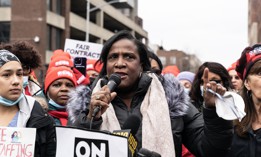 New York State Nurses Association President Nancy Hagans speaks to the press as nurses strike at Montefiore Medical Center on Jan. 10, 2023.