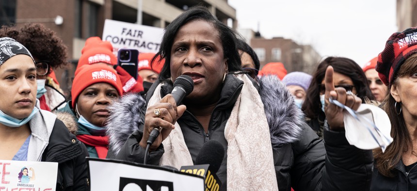New York State Nurses Association President Nancy Hagans speaks to the press as nurses strike at Montefiore Medical Center on Jan. 10, 2023.