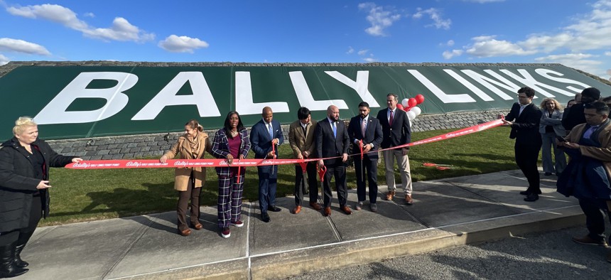 Mayor Eric Adams (third from left) joins Bronx politicos to cut the ribbon on the Bally’s Golf Links.