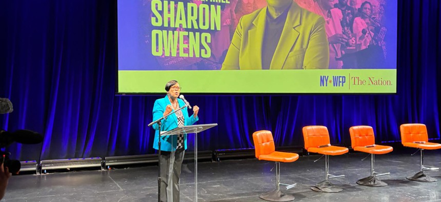 Sharon Owens, the Democratic nominee for Syracuse mayor, speaks at a Working Families Party event on Aug. 2, 2025.