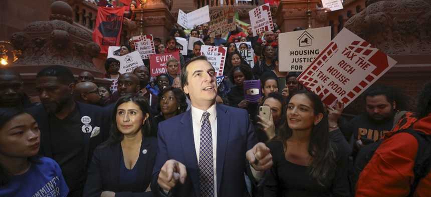 State Senate Deputy Majority Leader Michael Gianaris speaks at at a rally with tenant advocates on Jan. 9, 2020.