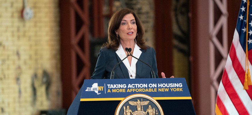 Gov. Kathy Hochul announces executive actions to promote housing development on July 18, 2023.
