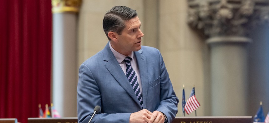 Assembly Member Billy Jones speaks in the Assembly chamber on May 21.