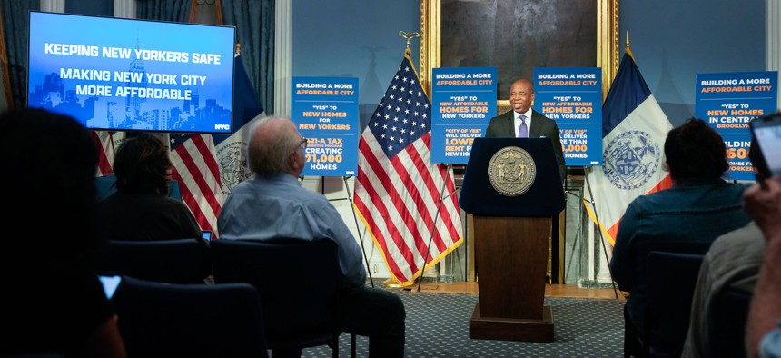 New York City Mayor Eric Adams holds an in-person media availability in October of 2024.