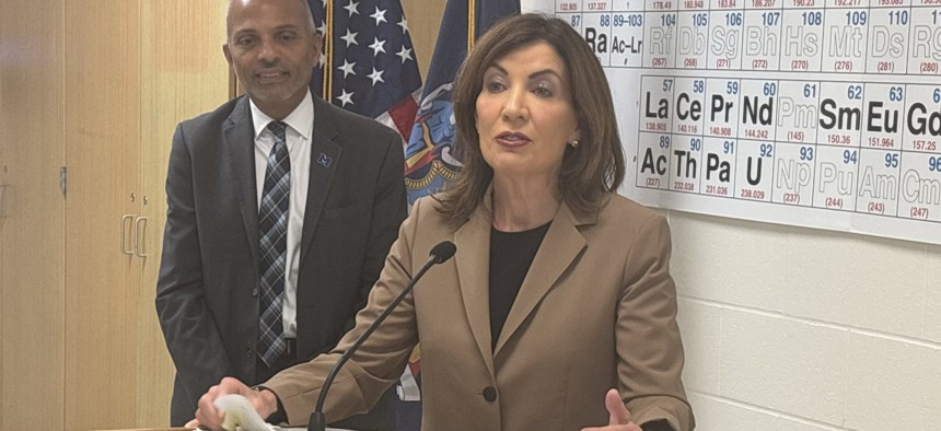 Gov. Kathy Hochul speaks to reporters on Aug. 11, 2025.