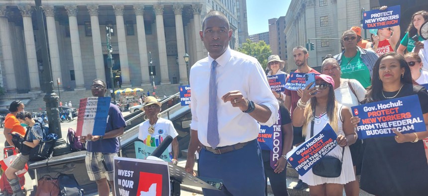 Lt. Gov. Antonio Delgado speaks at a rally in favor of a special legislative session on Aug. 13, 2025.