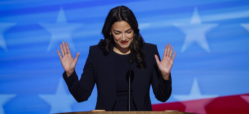 Rep. Alexandria Ocasio-Cortez speaks at the Democratic National Convention on Aug. 19, 2024.