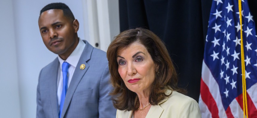 Rep. Ritchie Torres and Gov. Kathy Hochul speak at a press conference about the negative effects of President Donald Trump’s federal budget bill on Aug. 18, 2025.