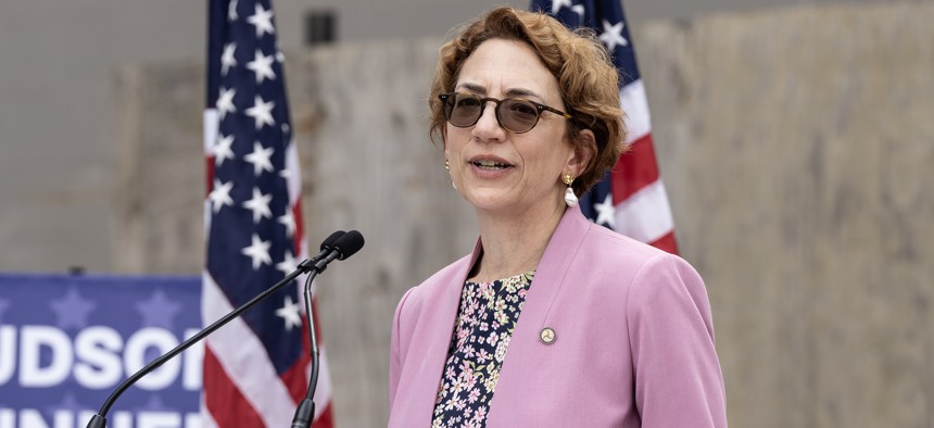 Polly Trottenberg speaks during a celebration for the full funding of the Hudson River rail tunnel project last year.