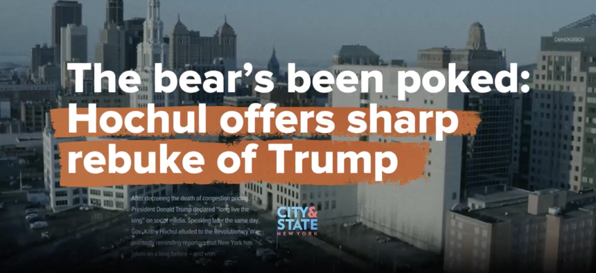 A screenshot from Gov. Kathy Hochul’s new reelection campaign ad highlights a City & State headline.