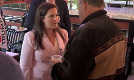 Rep. Elise Stefanik speaks with an attendee at a clambake fundraiser in Vestal on Aug. 26, 2025.