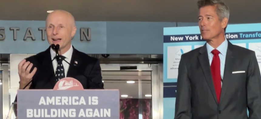 Andy Byford and U.S. Secretary of Transportation Sean Duffy speak at a press conference about the redevelopment of Penn Station.