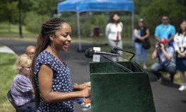 New York City Council Majority Whip Selvena Brooks-Powers speaks at a press conference in Brookville Park on July 23, 2025.