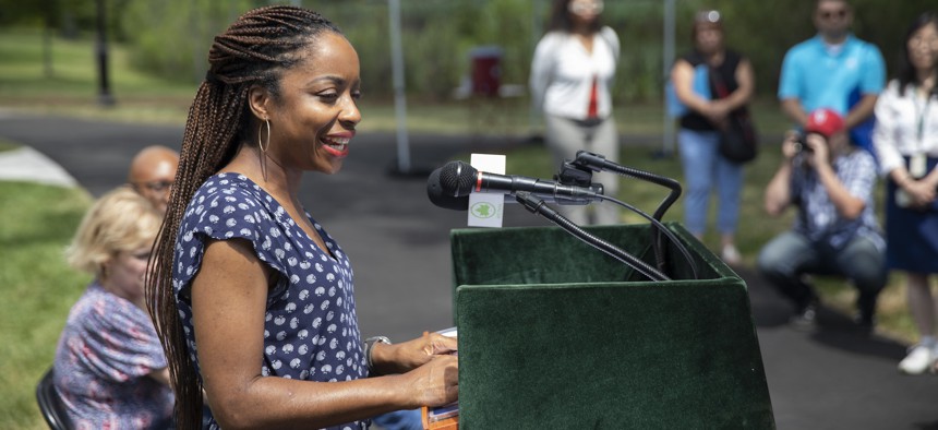 New York City Council Majority Whip Selvena Brooks-Powers speaks at a press conference in Brookville Park on July 23, 2025.