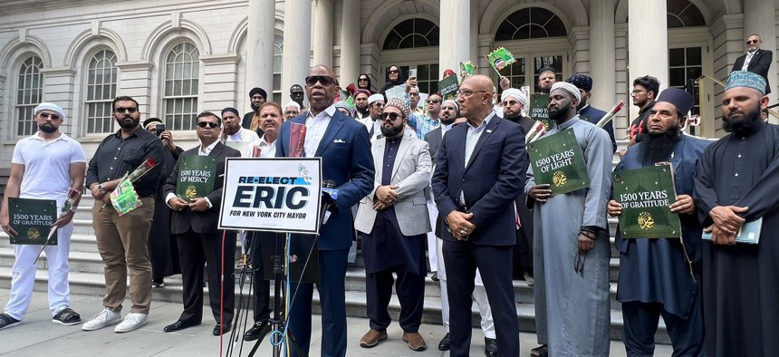 Eric Adams touted the endorsements of Muslim leaders at City Hall Thursday. Many of them were told it was a celebration of the Prophet Muhammad’s birthday and did not realize they were at a political event.