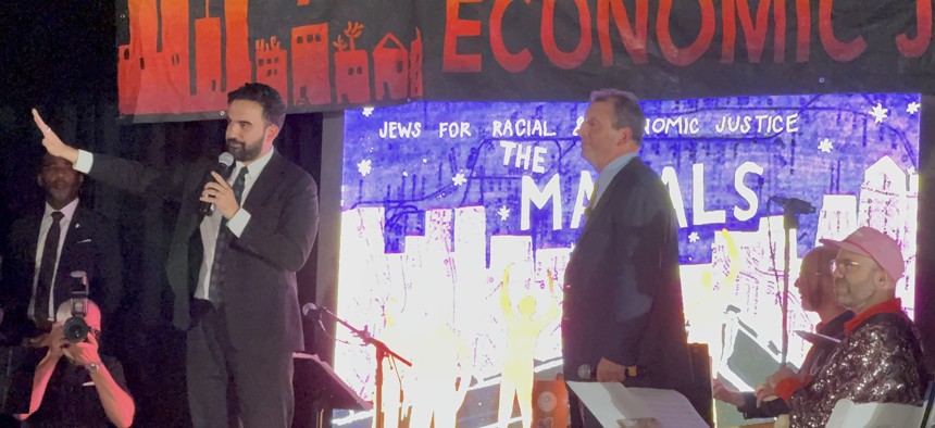 Democratic mayor nominee Zohran Mamdani speaks at the 2025 Mazals Awards as New York City Comptroller Brad Lander looks on.