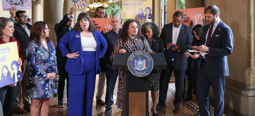 State Sen. Nathalia Fernandez speaks at a press conference at the state Capitol on March 12, 2025.