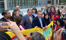 Elected officials speak to the press outside 26 Federal Plaza after being arrested while attempting to inspect a floor used for immigrant detention.
