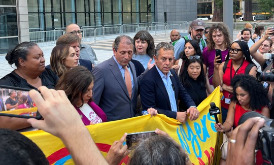 Elected officials speak to the press outside 26 Federal Plaza after being arrested while attempting to inspect a floor used for immigrant detention.