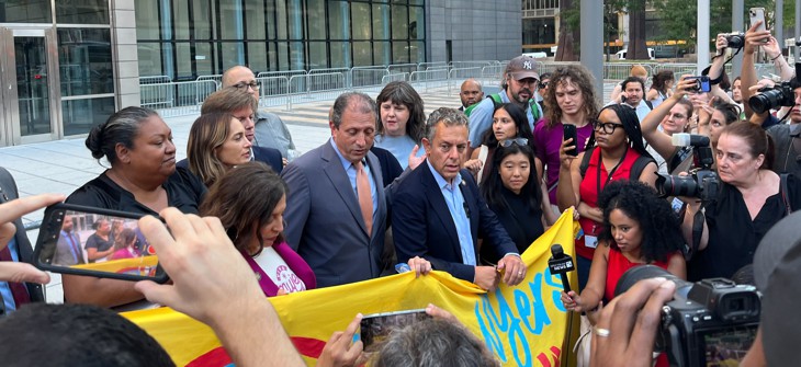 Elected officials speak to the press outside 26 Federal Plaza after being arrested while attempting to inspect a floor used for immigrant detention.