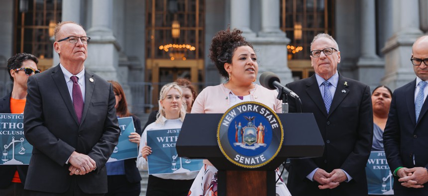 State Sen. Nathalia Fernandez holds a press conference in front of the state Capitol on April 16, 2024.
