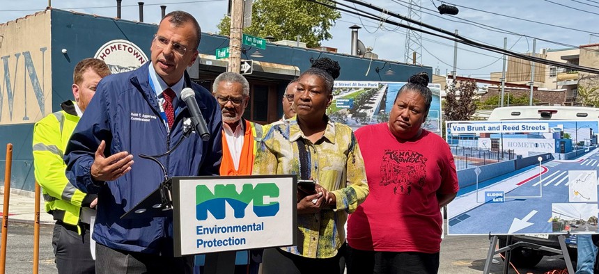 NYC DEP Commissioner Aggarwala speaking at the groundbreaking for the Red Hook Climate Resiliency Project in Brooklyn on Sept. 16, 2025.