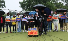 New York City mayoral candidate Zohran Mamdani holds a press conference announcing his campaign’s petition urging FIFA to drop dynamic ticket pricing for next summer’s World Cup.