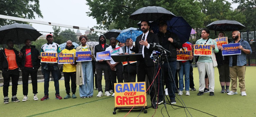 New York City mayoral candidate Zohran Mamdani holds a press conference announcing his campaign’s petition urging FIFA to drop dynamic ticket pricing for next summer’s World Cup.