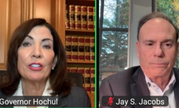 Gov. Kathy Hochul and state Democratic Party Chair Jay Jacobs participate in a virtual meeting of the Democratic Party.