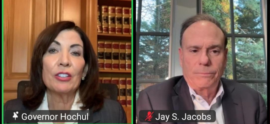 Gov. Kathy Hochul and state Democratic Party Chair Jay Jacobs participate in a virtual meeting of the Democratic Party.
