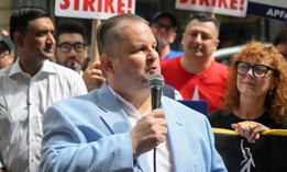 John Samuelsen, international president of Transport Workers Union of America, speaks at a picket line on Aug. 17, 2023.