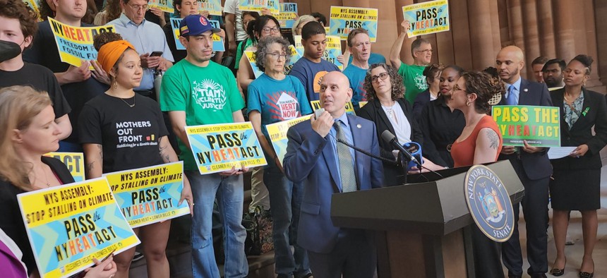 Assembly Member Harvey Epstein speaks at a press conference at the state Capitol.
