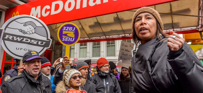 Workers fighting for a $15 minimum wage protest outside a McDonald’s restaurant in Manhattan on Feb. 13, 2017.