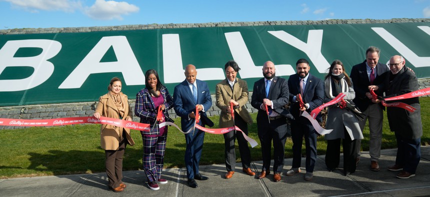 Mayor Eric Adams (third from left) joins Bronx politicos to cut the ribbon on the Bally’s Golf Links in 2024.