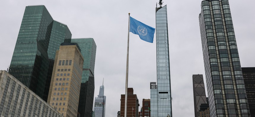 The United Nations flag flies outside the U.N. headquarters in Manhattan.