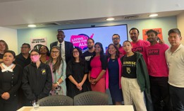 Elected officials and activists celebrate the launch of the “Living Wage for All Coalition” on Sept. 30, 2025.