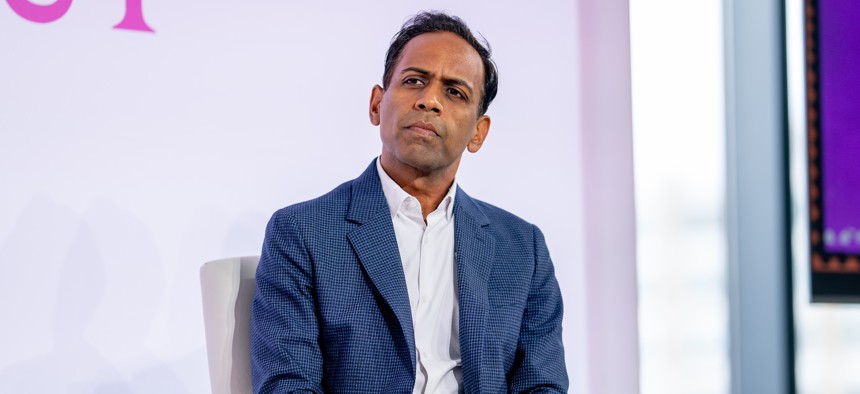 Raj Goyle speaks on a panel at The Juggernaut Summit on Sept. 22, 2023.