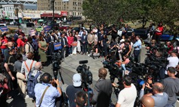 TV crews capture an announcement from New York City mayoral candidate Zohran Mamdani.