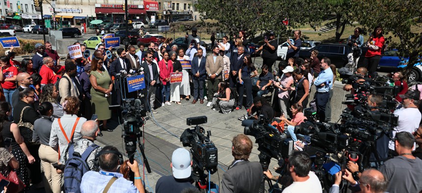 TV crews capture an announcement from New York City mayoral candidate Zohran Mamdani.