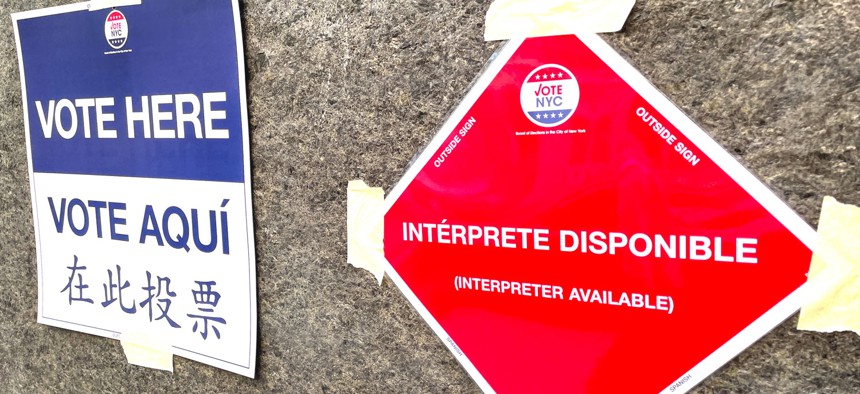Signs instruct New York City voters where to vote on Nov. 7, 2023.